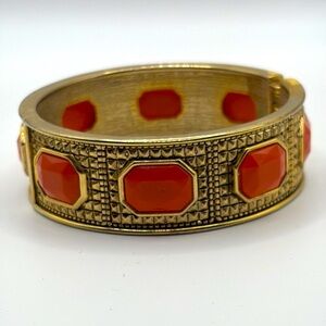 Art Deco Style Gold Bracelet with Orange Accents Hinged Bangle 6-7”